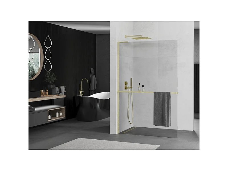 Mexen Kioto+ L paroi de douche avec étagère Walk-in 60 x 200 cm, transparent, or brossé - 800-060-123-55-00
