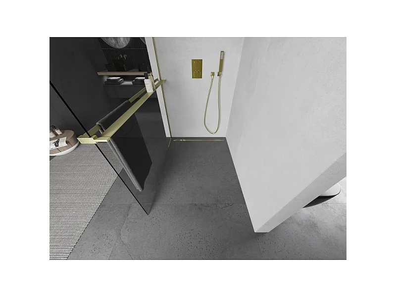 Mexen Kioto+ L paroi de douche avec étagère Walk-in 60 x 200 cm, transparent, or brossé - 800-060-123-55-00