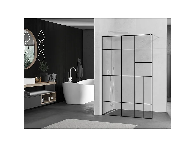 Mexen Kioto paroi de douche Walk-in 90 x 200 cm, motif noir 8 mm, blanc - 800-090-101-20-78