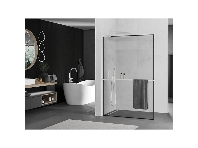 Mexen Kioto+ L panneau de douche avec étagère Walk-in 90 x 200 cm, cadre noir, blanc - 800-090-123-20-70