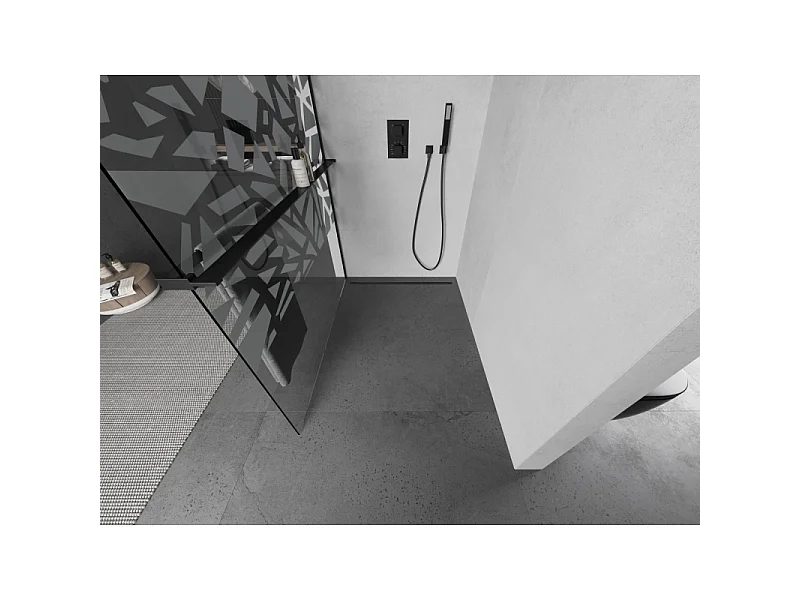 Mexen Kioto+ L brusevæg med hylde Walk-in 110 x 200 cm, hvidt mønster, sort - 800-110-123-70-85
