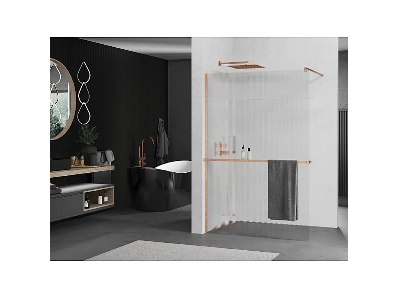 Mexen Kioto+ Duschwand mit Regal Walk-in 130 x 200 cm, Streifen, gebürstetes Kupfer - 800-130-121-65-09