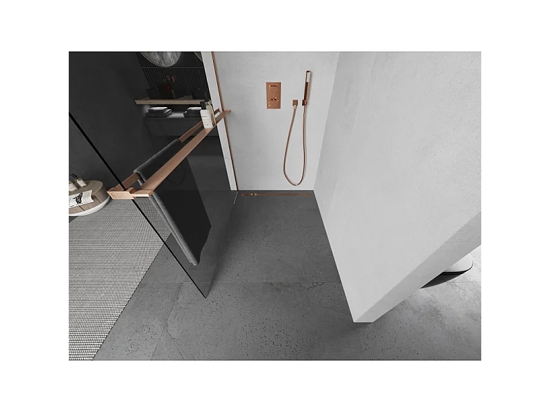 Mexen Kioto+ L Duschwand mit Regal Walk-in 65 x 200 cm, transparent, gebürstetes Kupfer - 800-065-123-65-00