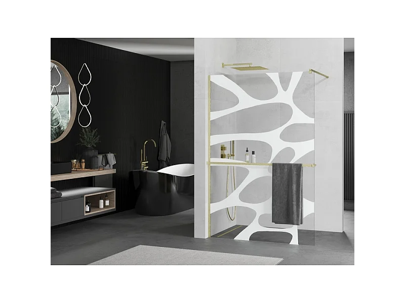 Mexen Kioto+ paroi de douche avec étagère Walk-in 80 x 200 cm, vague blanche, or brossé - 800-080-121-55-97