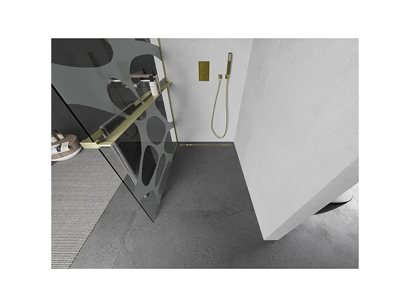 Mexen Kioto+ paroi de douche avec étagère Walk-in 80 x 200 cm, vague blanche, or brossé - 800-080-121-55-97