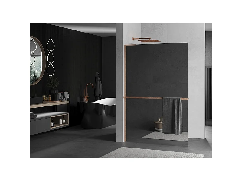 Mexen Kioto+ L Shower Wall with Walk-in Shelf 100 x 200 cm, Mirror, Brushed Copper - 800-100-123-65-50