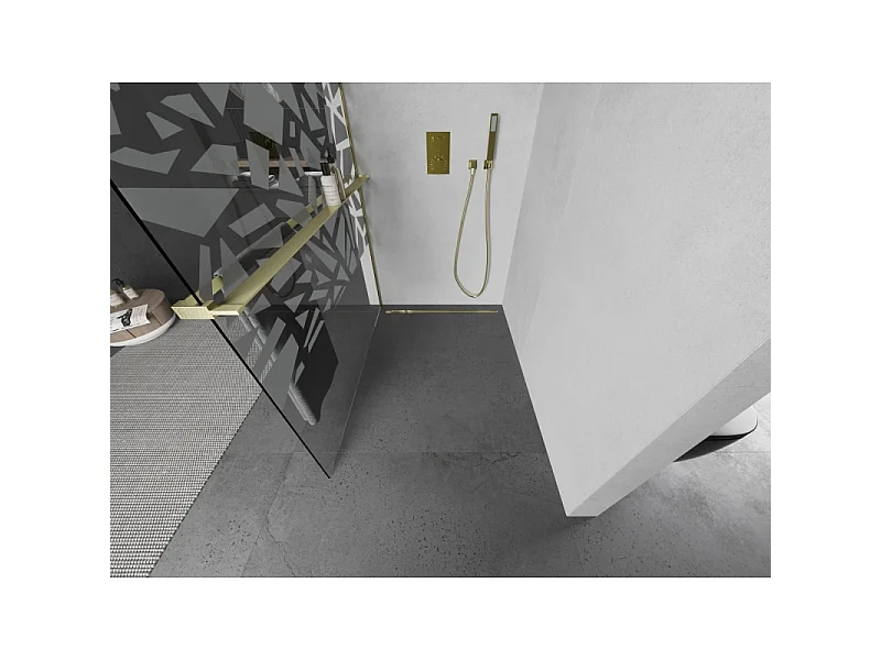 Mexen Kioto+ prhašna stena s polico Walk-in 110 x 200 cm, bel vzorec, brušeno zlato - 800-110-121-55-85