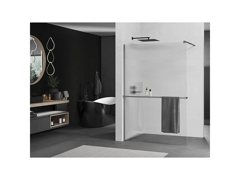 Mexen Kioto+ Walk-in Shower Screen with Shelf 140 x 200 cm, Frosted Glass, Gun Metal - 800-140-121-95-09