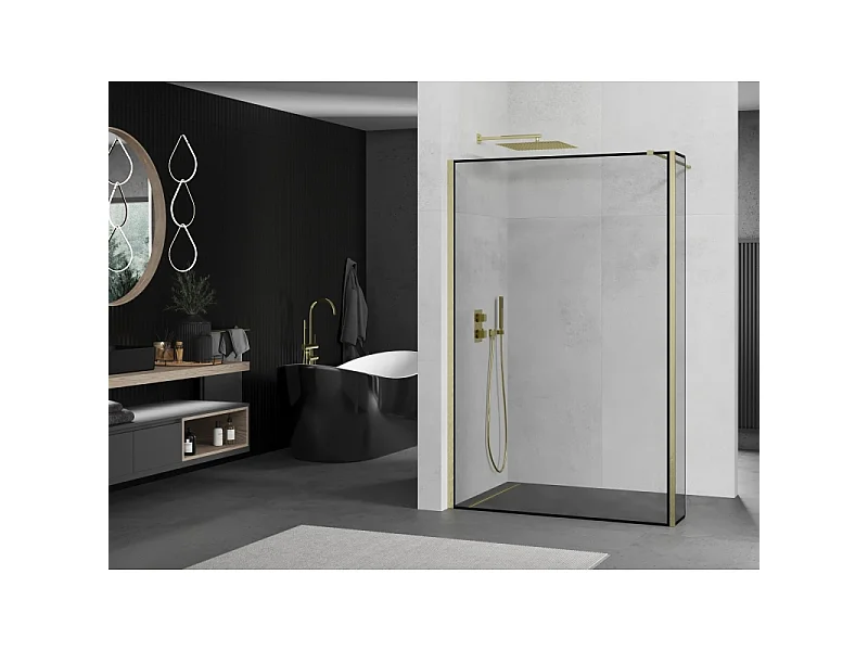 Mexen Kioto Walk-in Shower Wall 150 x 40 cm, Black Pattern, Brushed Gold - 800-150-212-55-70-040