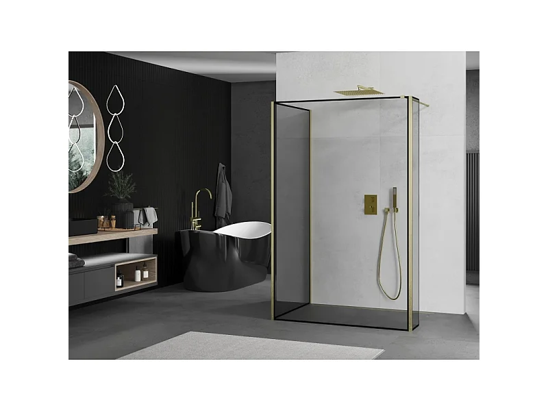 Mexen Kioto Tuš pregrada Walk-in 110 x 70 x 40 cm, črni okvir, zlata krtačena - 800-110-070-221-55-70-040