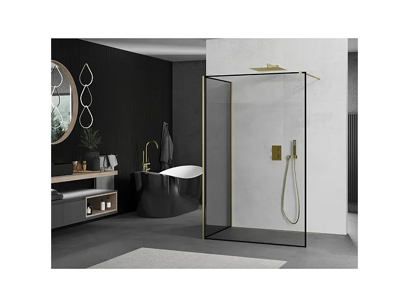 Mexen Kioto paroi de douche Walk-in 140 x 80 cm, cadre noir, doré brossé - 800-140-212-55-70-080