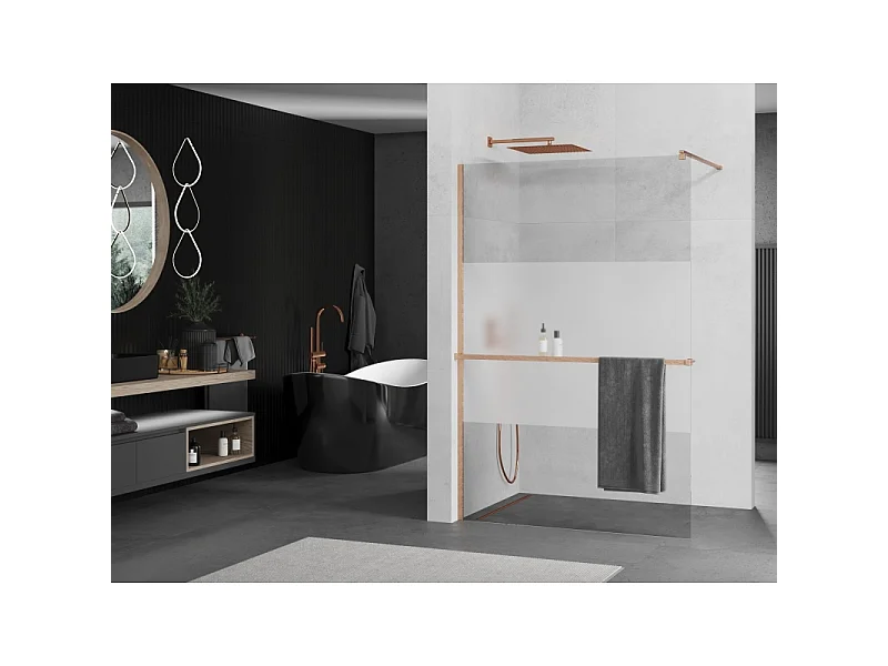 Mexen Kioto+ paroi de douche avec étagère Walk-in 100 x 200 cm, transparent/verre dépoli, cuivre brossé - 800-100-121-65-35