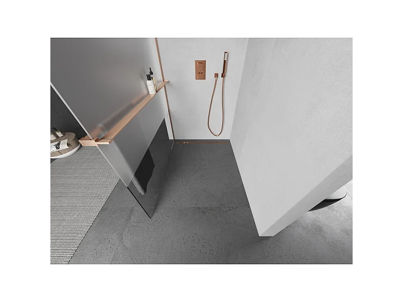 Mexen Kioto+ paroi de douche avec étagère Walk-in 100 x 200 cm, transparent/verre dépoli, cuivre brossé - 800-100-121-65-35