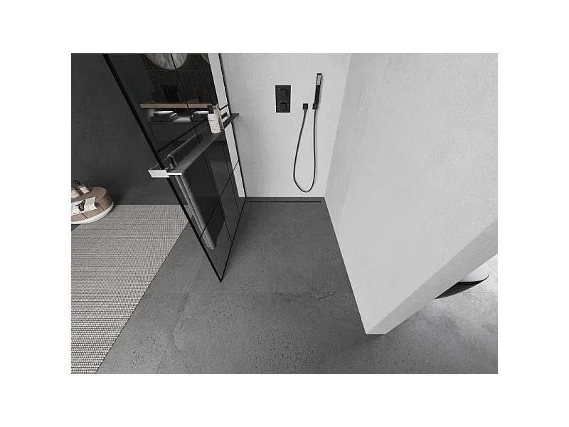 Mexen Kioto+ Parete Doccia con Mensola Walk-in 120 x 200 cm, Griglia Nera, Gun Metal - 800-120-121-95-77