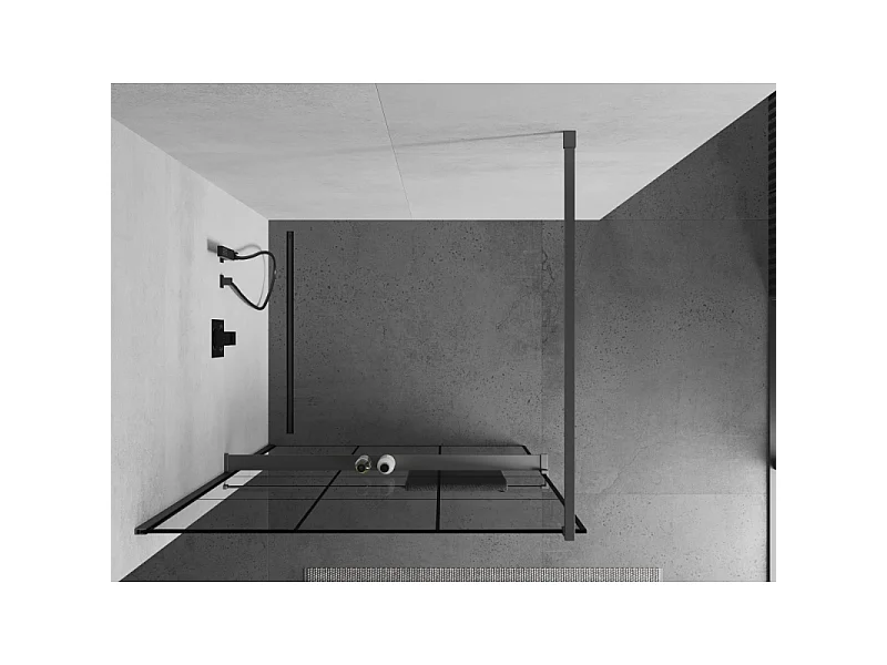 Mexen Kioto+ Parete Doccia con Mensola Walk-in 120 x 200 cm, Griglia Nera, Gun Metal - 800-120-121-95-77