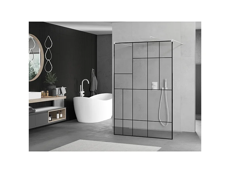 Mexen Kioto fritstående brusevæg 140 x 200 cm, sort mønster 8 mm, hvid - 800-140-002-20-78