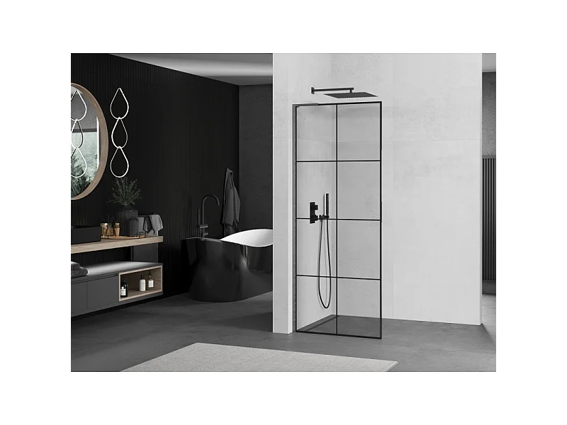 Mexen Kioto L Duschwand Walk-in 90 x 200 cm, schwarzes Gitter, gebürstet Gun Gray - 800-090-103-66-77