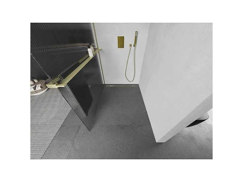 Mexen Kioto+ paroi de douche avec étagère Walk-in 80 x 200 cm, striée, or brossé - 800-080-121-55-09
