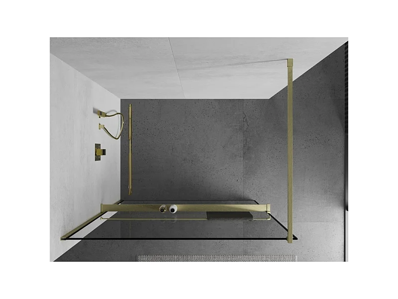 Mexen Kioto+ Duschtür mit Ablage Walk-in 140 x 200 cm, schwarzer Rahmen, gebürstetes Gold - 800-140-121-55-70