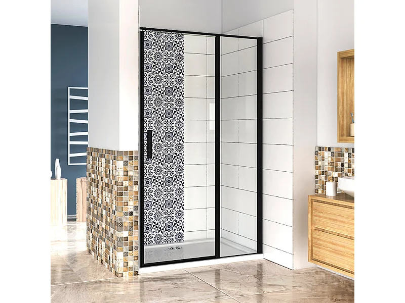Porte de douche pivotante 80x185cm porte de douche noire en 6mm verre anticalcaire installation en niche