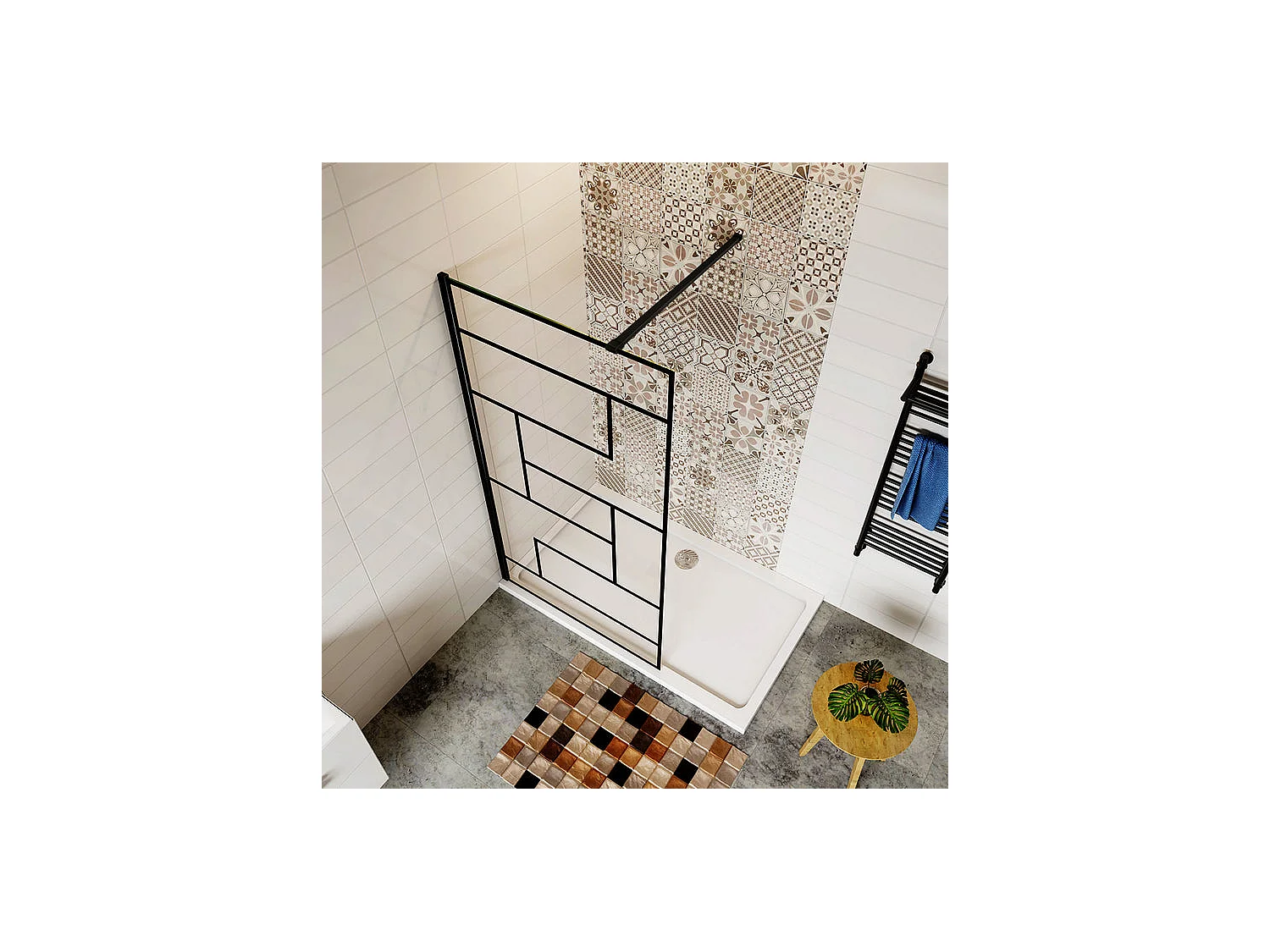 Paroi de douche 70x200cm fixe à l'italienne avec barre de fixation noire 140cm, en 8mm verre anticalcaire style moderne