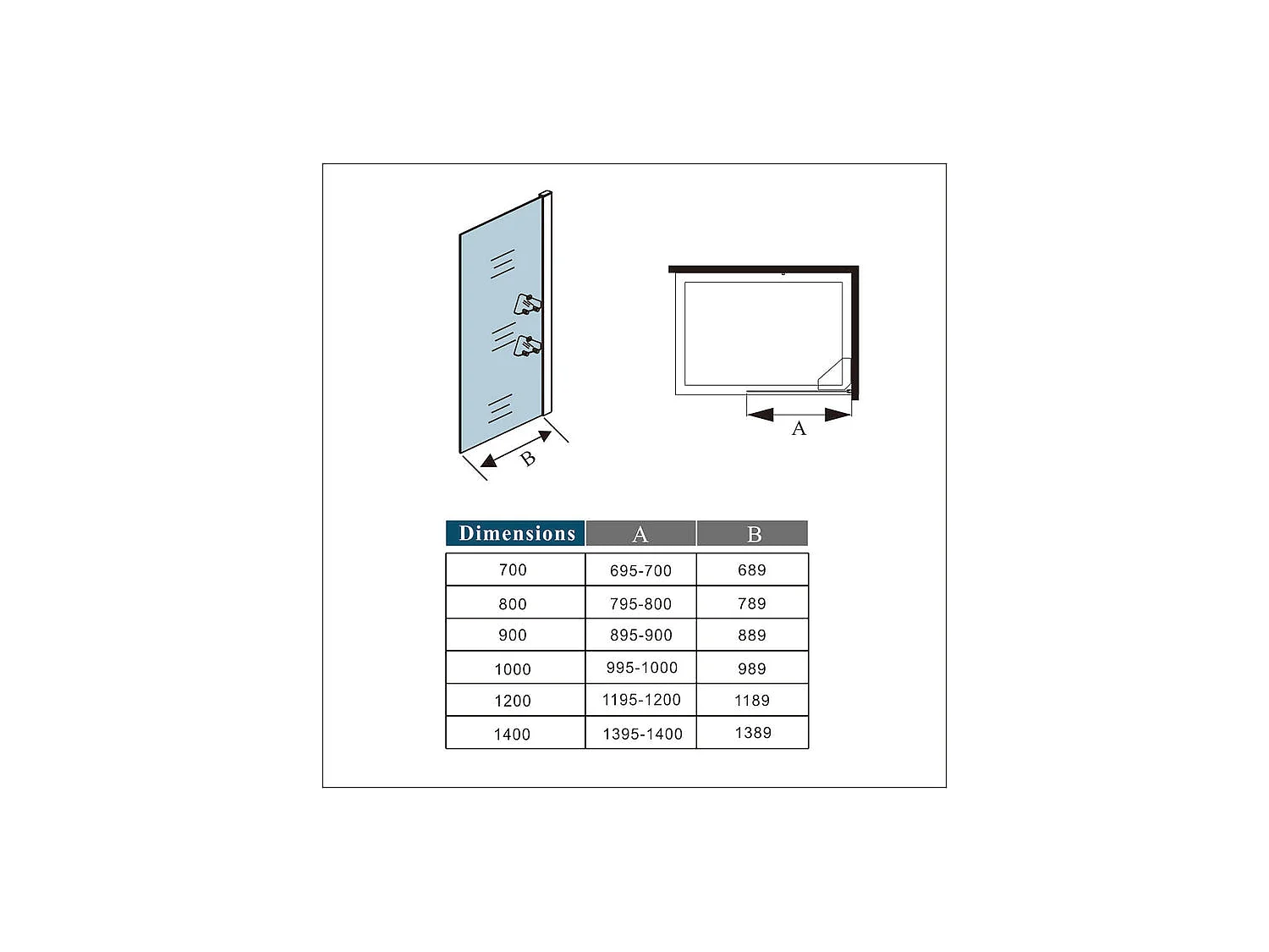 Paroi de douche à l'italienne 100x190cm avec étagères et barre de fixation 73-120cm en carré, en 8mm verre anticalcaire