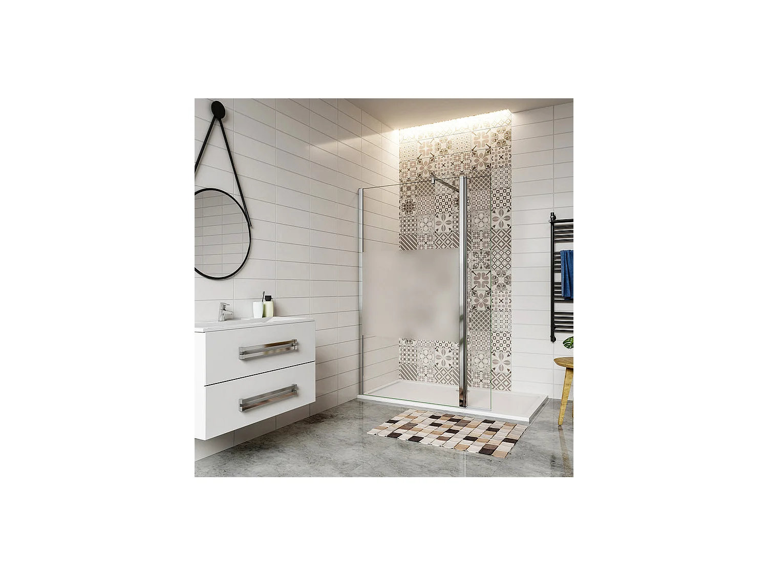 Paroi de douche à l'italienne verre dépoli au centre 100+30x200cm avec retour pivotant, avec barre de fixation 140cm en carré