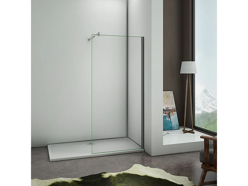 Paroi de douche à l'italienne 140x200cm avec barre de fixation 70-120cm en cylindrique - Chromé - Verre 8mm trempé transparent