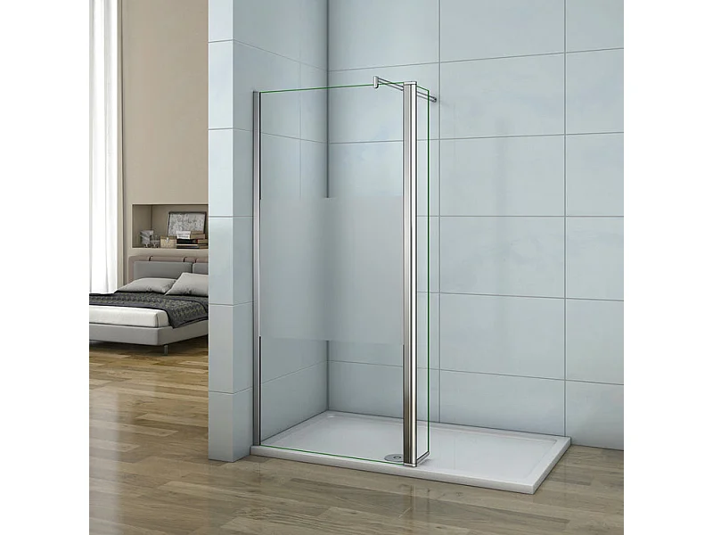 Paroi de douche à l'italienne verre dépoli au centre 100+40x200cm avec retour pivotant, avec barre de fixation 70-120cm en cylindrique