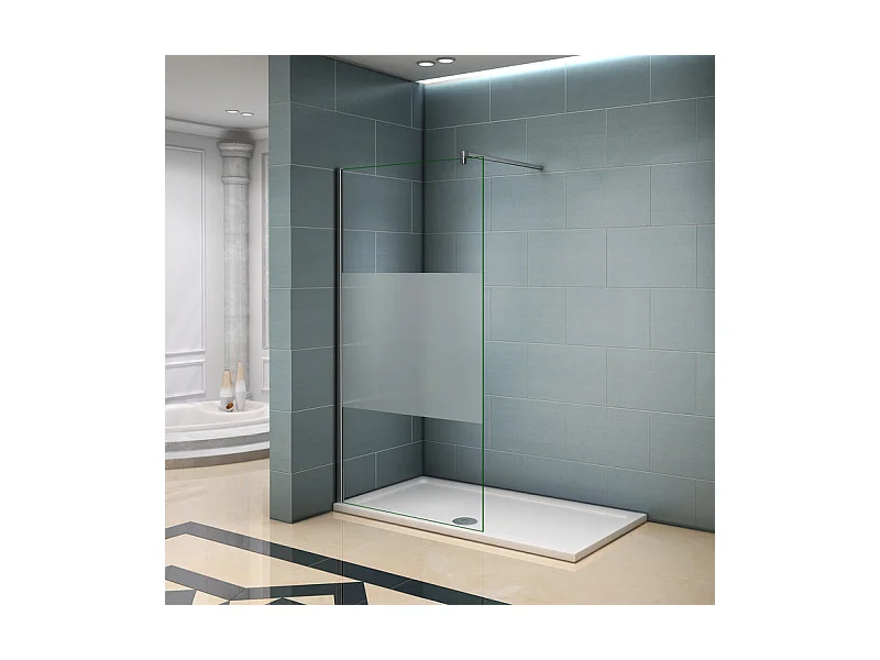 Paroi de douche à l'italienne 140x200cm avec barre de fixation 140cm en carré, en 8mm verre bande centrale dépolie