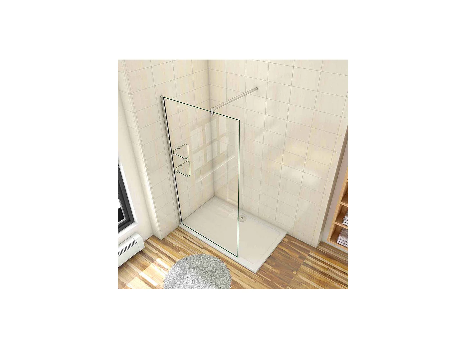 Paroi de douche à l'italienne 80x190cm avec étagères et barre de fixation 90cm en carré, en 8mm verre anticalcaire