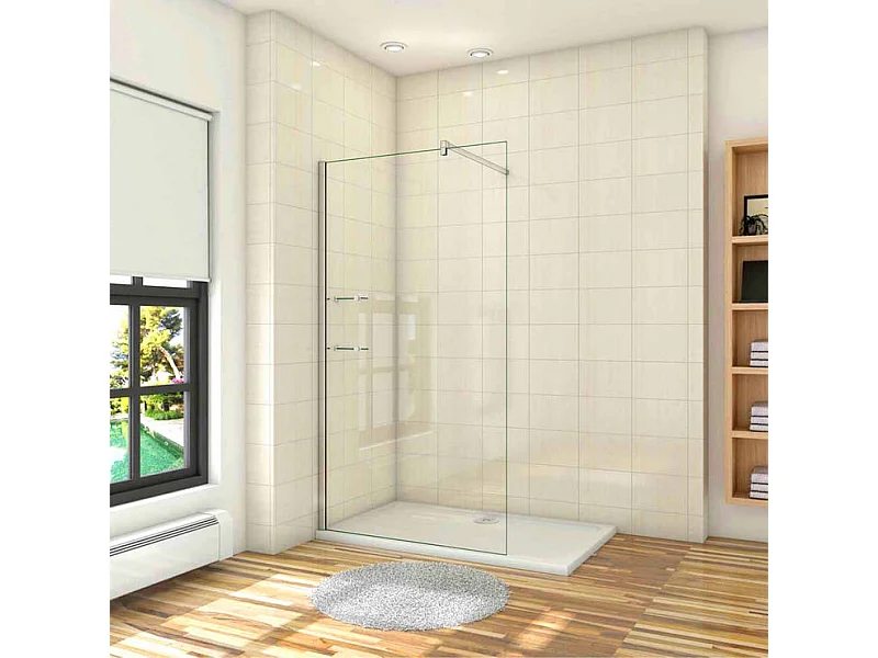 Paroi de douche à l'italienne 80x190cm avec étagères et barre de fixation 90cm en carré, en 8mm verre anticalcaire
