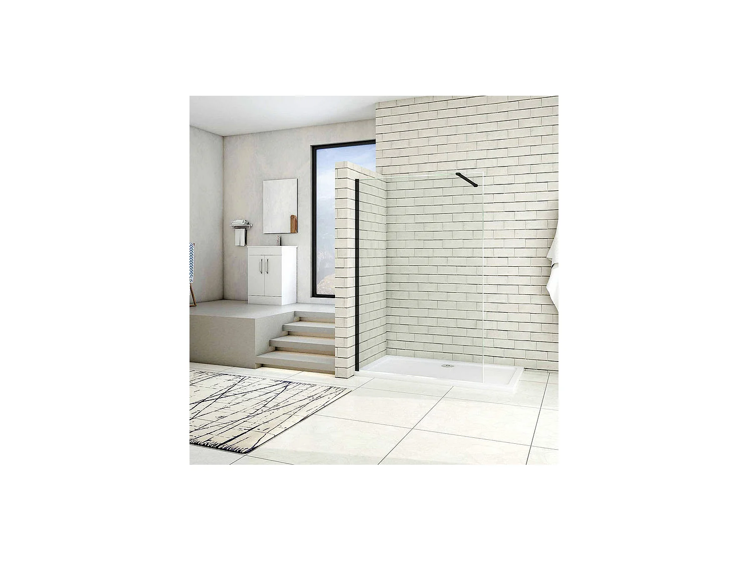 Paroi de douche à l'italienne 140x200cm en verre 8mm securit anticalcaire, avec barre de fixation 90cm recoupable - Noir Mat
