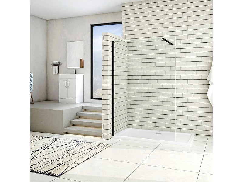 Paroi de douche à l'italienne 140x200cm en verre 8mm securit anticalcaire, avec barre de fixation 90cm recoupable - Noir Mat