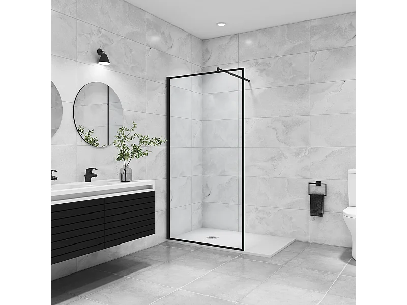 Paroi de douche noire 90x200cm à l'italienne avec barre de fixation noire 70-120cm en cylindrique, en 8mm verre trempé anticalcaire