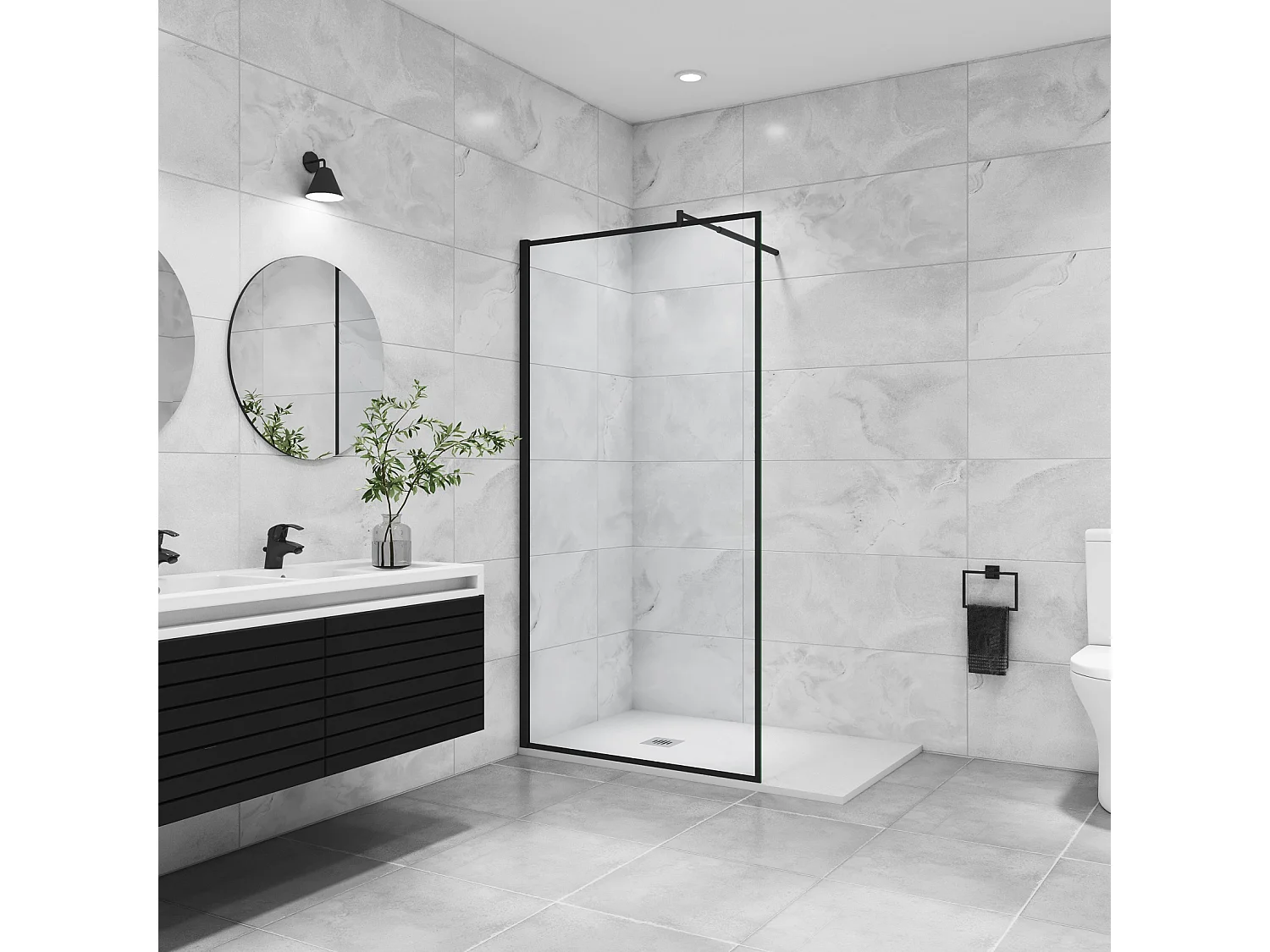 Paroi de douche noire 90x200cm à l'italienne avec barre de fixation noire 70-120cm en cylindrique, en 8mm verre trempé anticalcaire