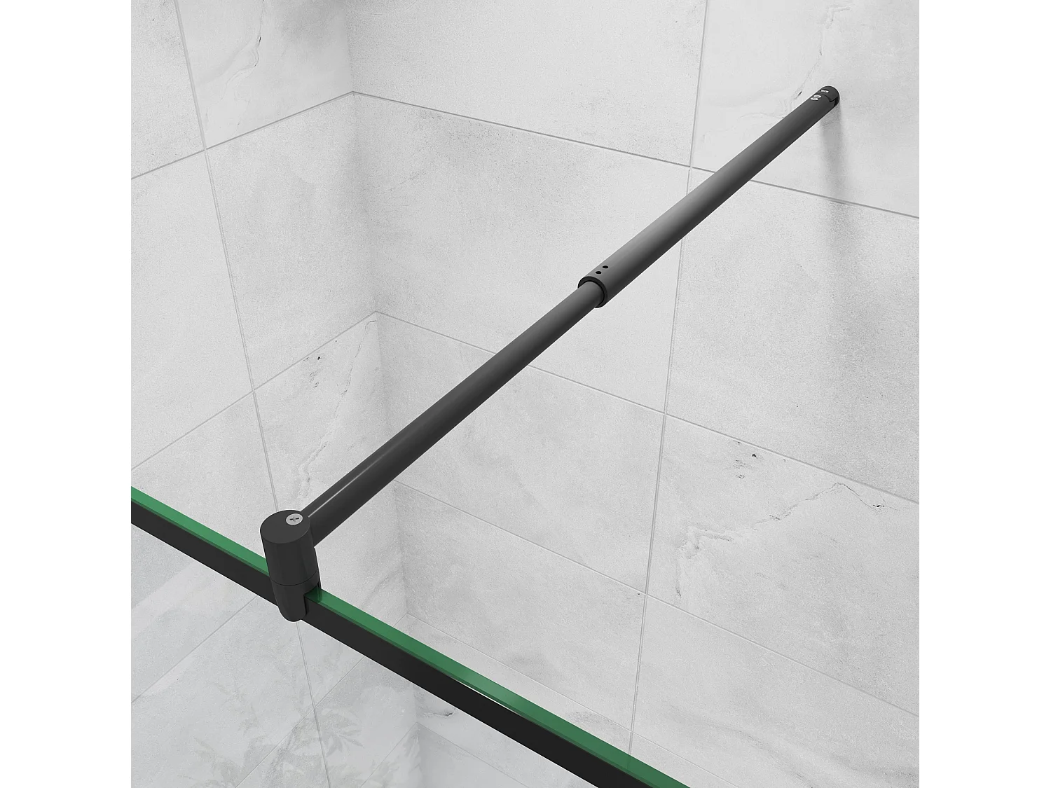 Paroi de douche noire 90x200cm à l'italienne avec barre de fixation noire 70-120cm en cylindrique, en 8mm verre trempé anticalcaire
