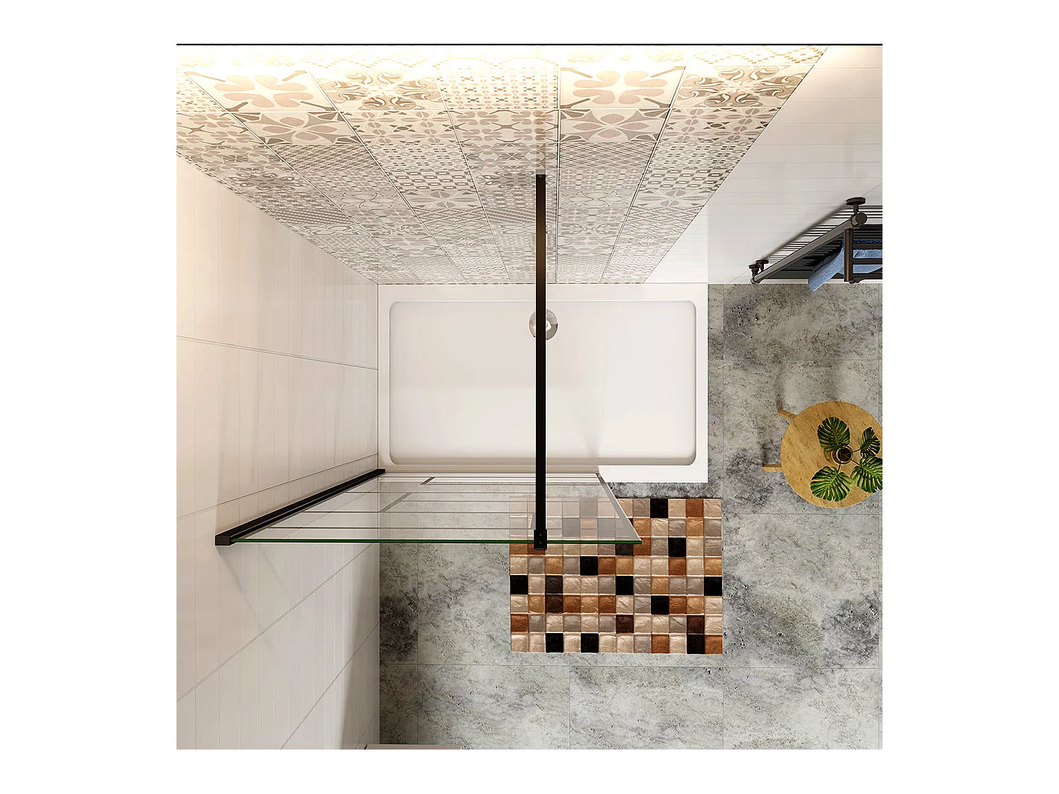 Paroi de douche 140x200cm fixe à l'italienne avec barre de fixation noire carrée 140cm, en 8mm verre anticalcaire style moderne