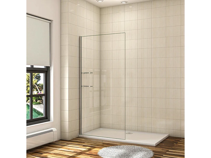 Paroi de douche à l'italienne 70x190cm en 8mm verre anticalcaire, avec 2 étagères en verre securit