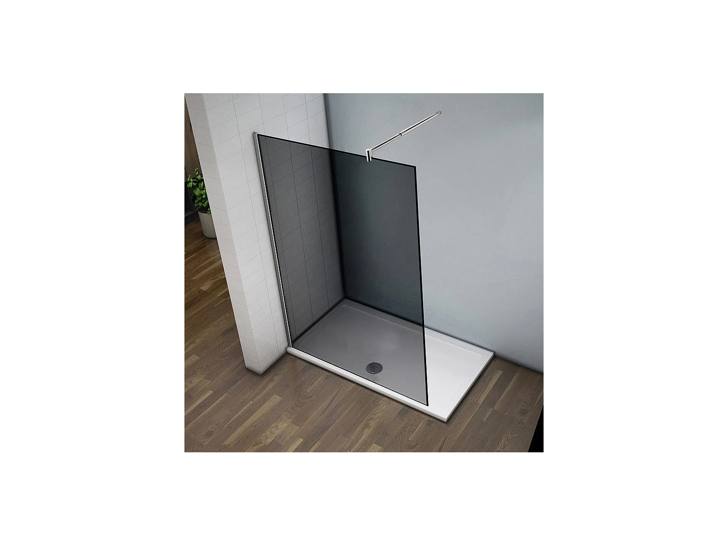 Paroi de douche grise 120x200cm à l'italienne avec barre de fixation 70-120cm en cylindrique, en 8mm verre trempé anticalcaire