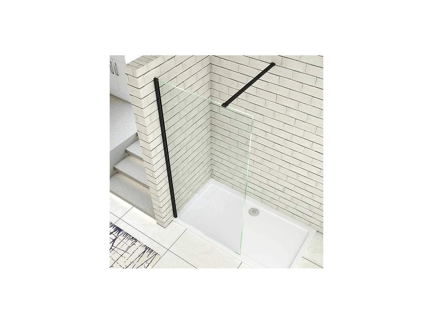 Paroi de douche à l'italienne 70x200cm en verre 8mm securit anticalcaire, avec barre de fixation 90cm recoupable - Noir Mat