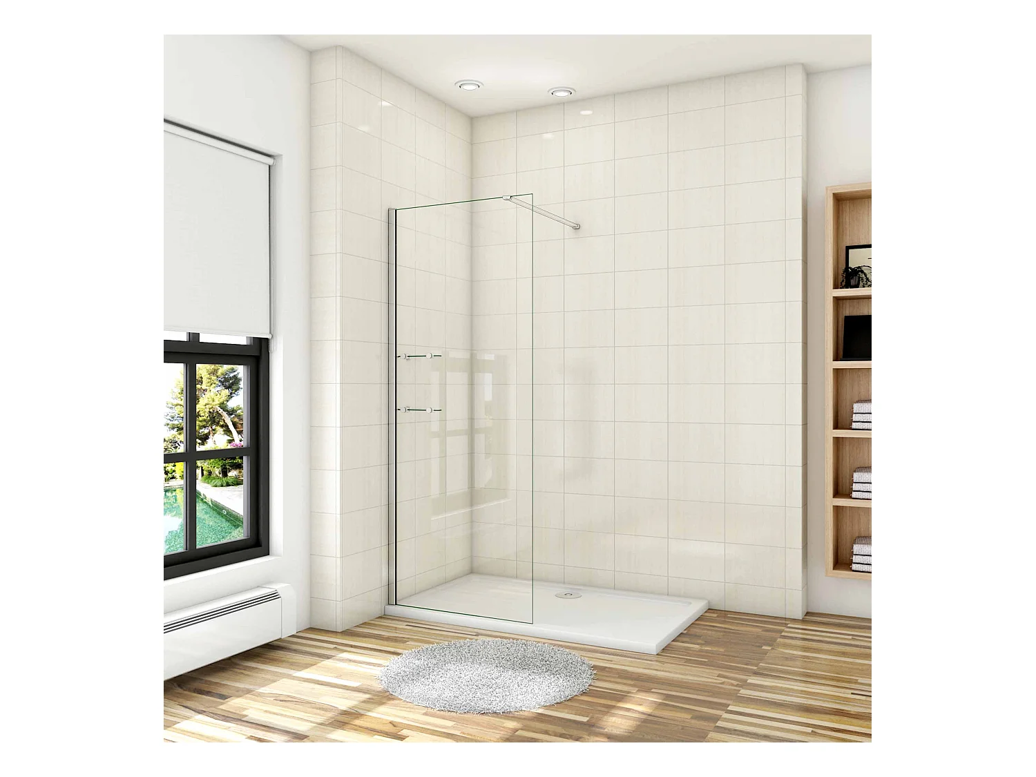 Paroi de douche à l'italienne 90x190cm avec étagères et barre de fixation 90cm recoupable, en 8mm verre anticalcaire