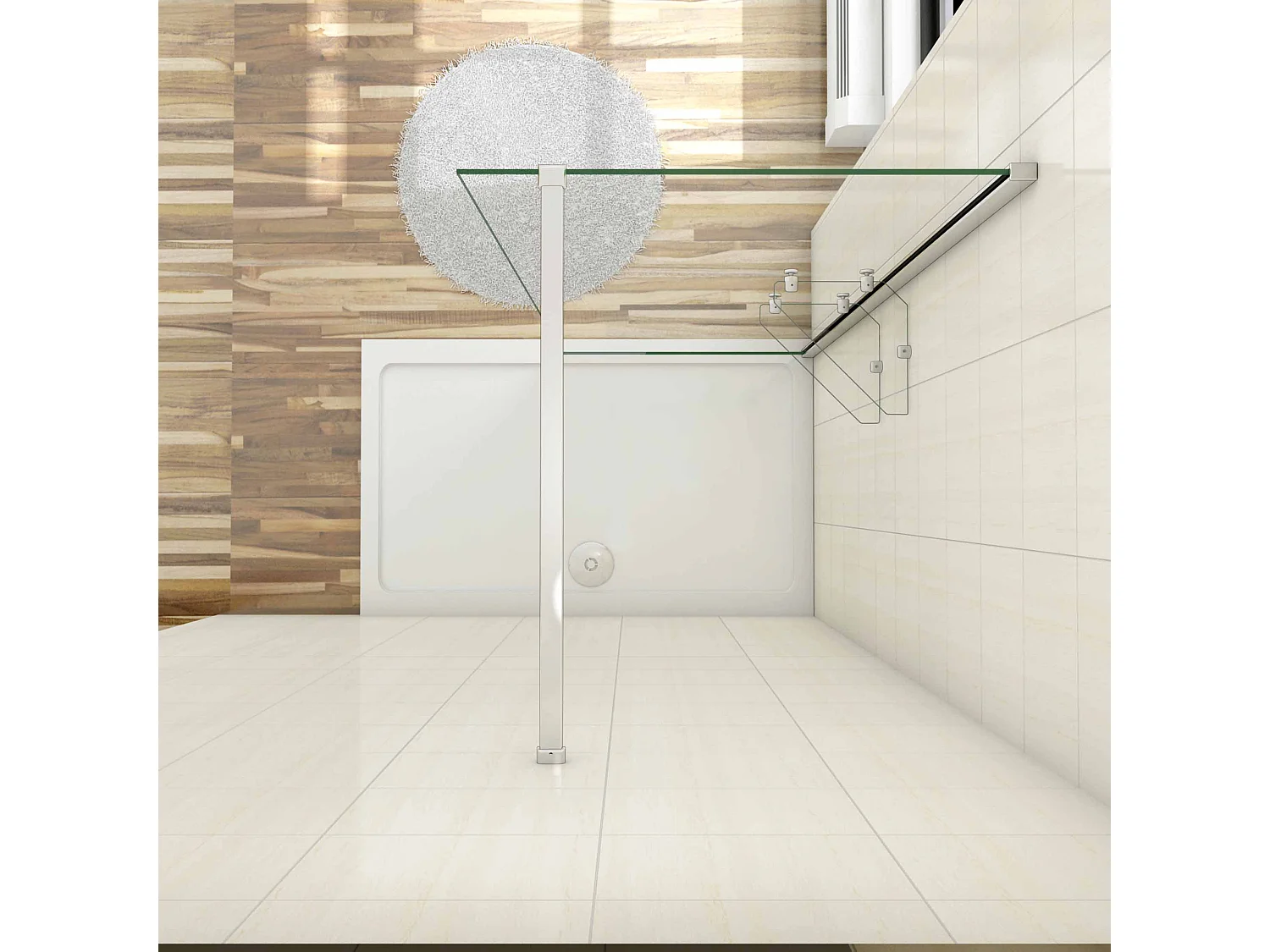 Paroi de douche à l'italienne 90x190cm avec étagères et barre de fixation 90cm recoupable, en 8mm verre anticalcaire