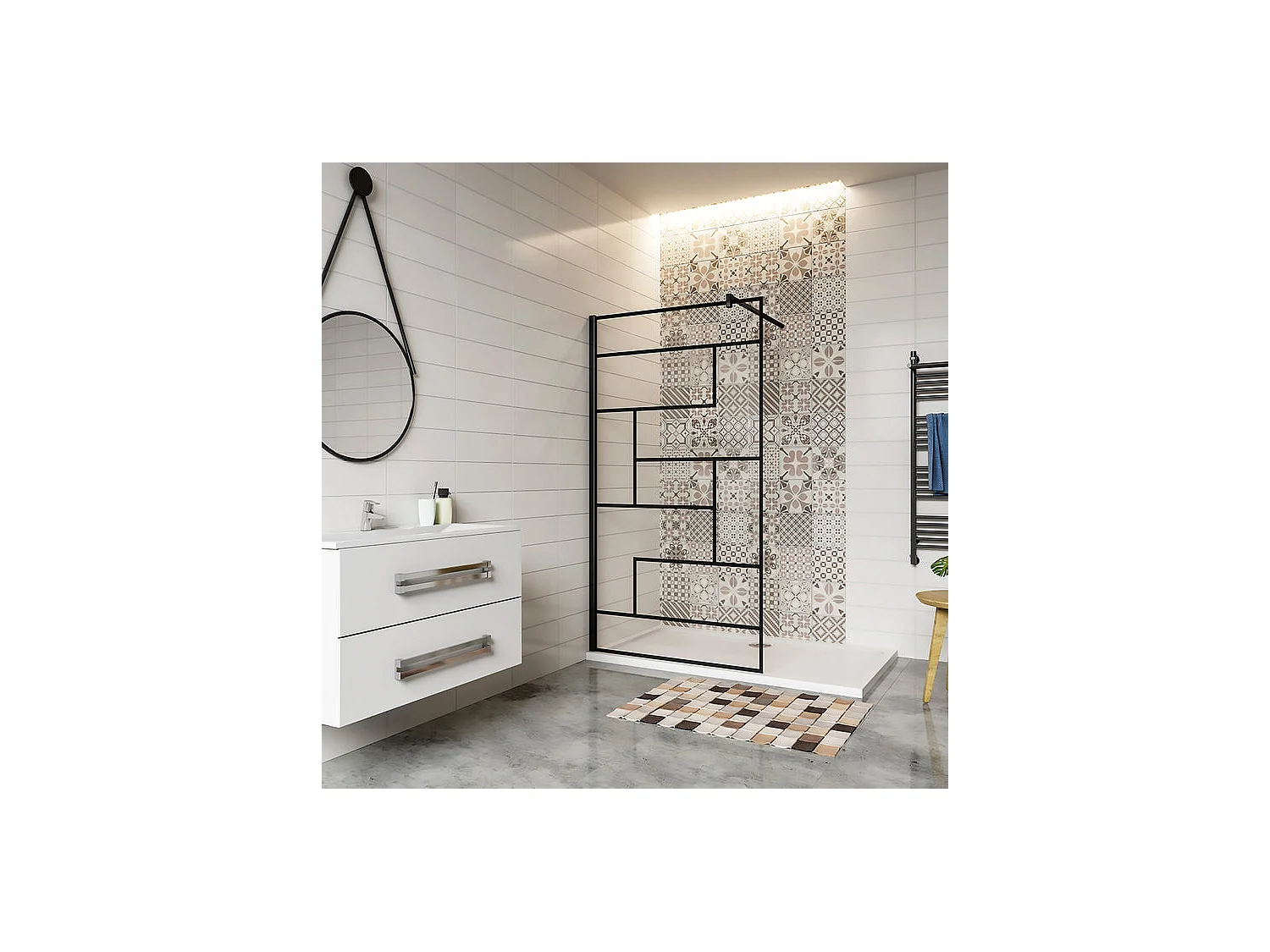 Paroi de douche 100x200cm fixe à l'italienne avec barre de fixation noire carrée 140cm, en 8mm verre anticalcaire style moderne