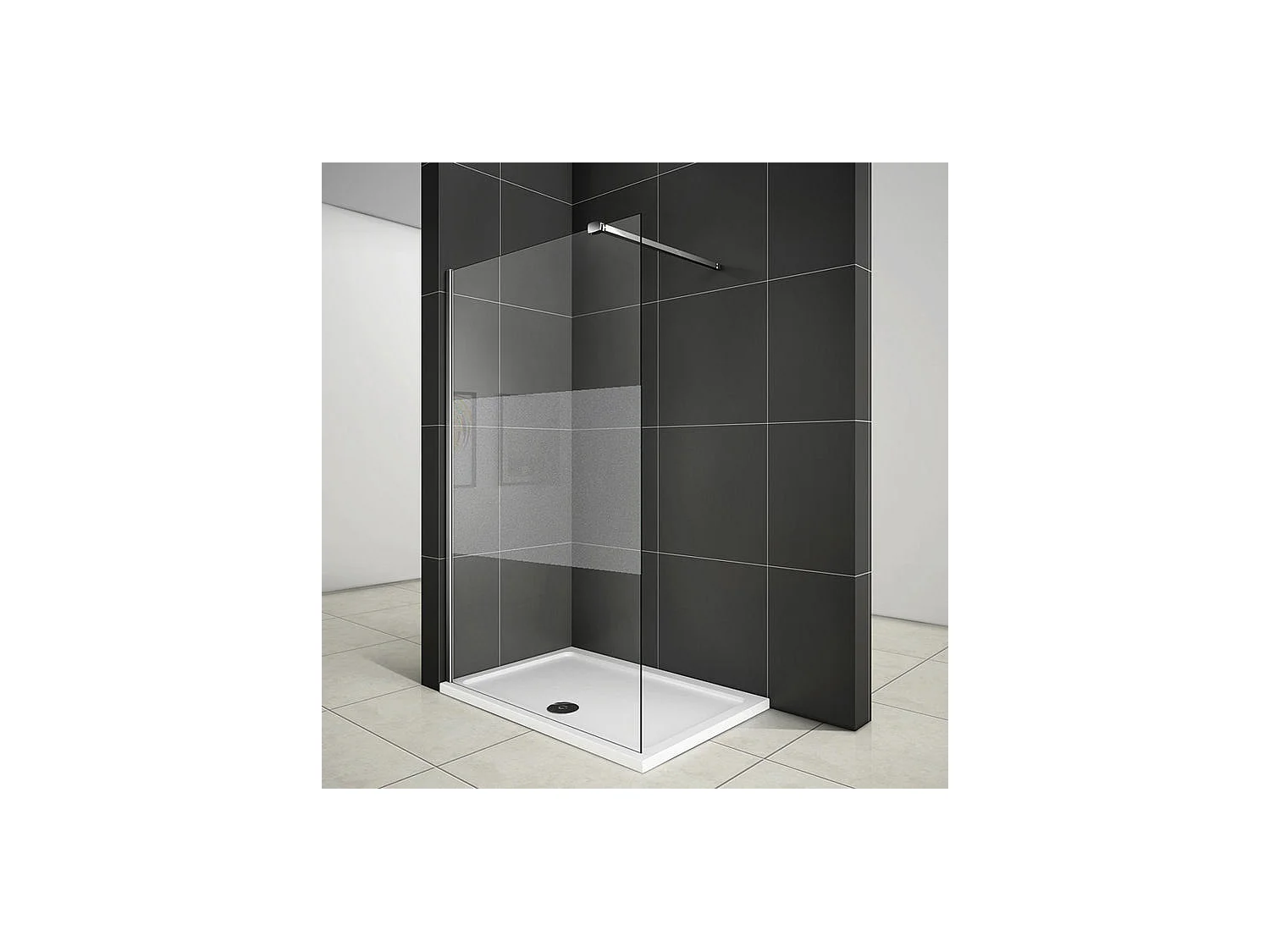 Paroi de douche à l'italienne 100x200cm avec barre de fixation 90cm pince renforcée, en 8mm verre bande centrale dépolie