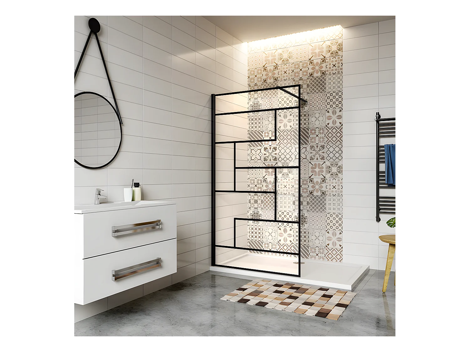 Paroi de douche 90x200cm fixe à l'italienne avec barre de fixation noire 140cm, en 8mm verre anticalcaire style moderne