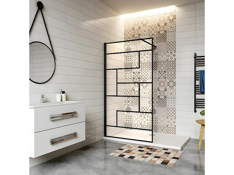 Paroi de douche 90x200cm fixe à l'italienne avec barre de fixation noire 140cm, en 8mm verre anticalcaire style moderne