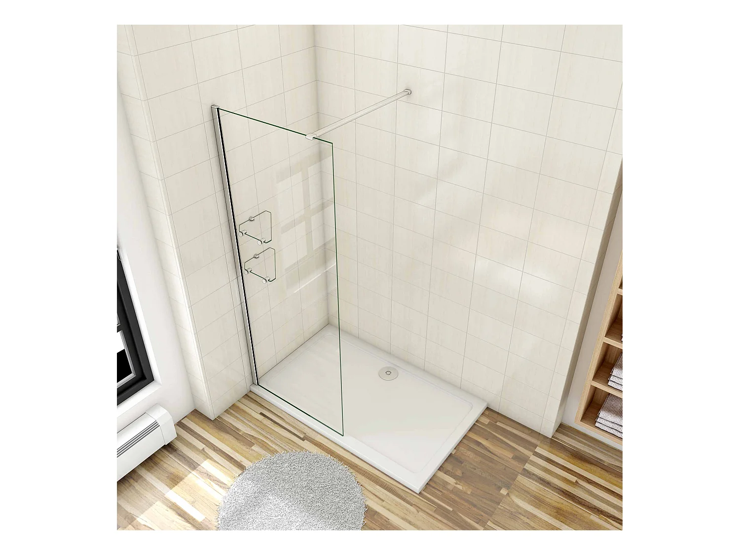 Paroi de douche à l'italienne 80x190cm avec étagères et barre de fixation 90cm recoupable, en 8mm verre anticalcaire