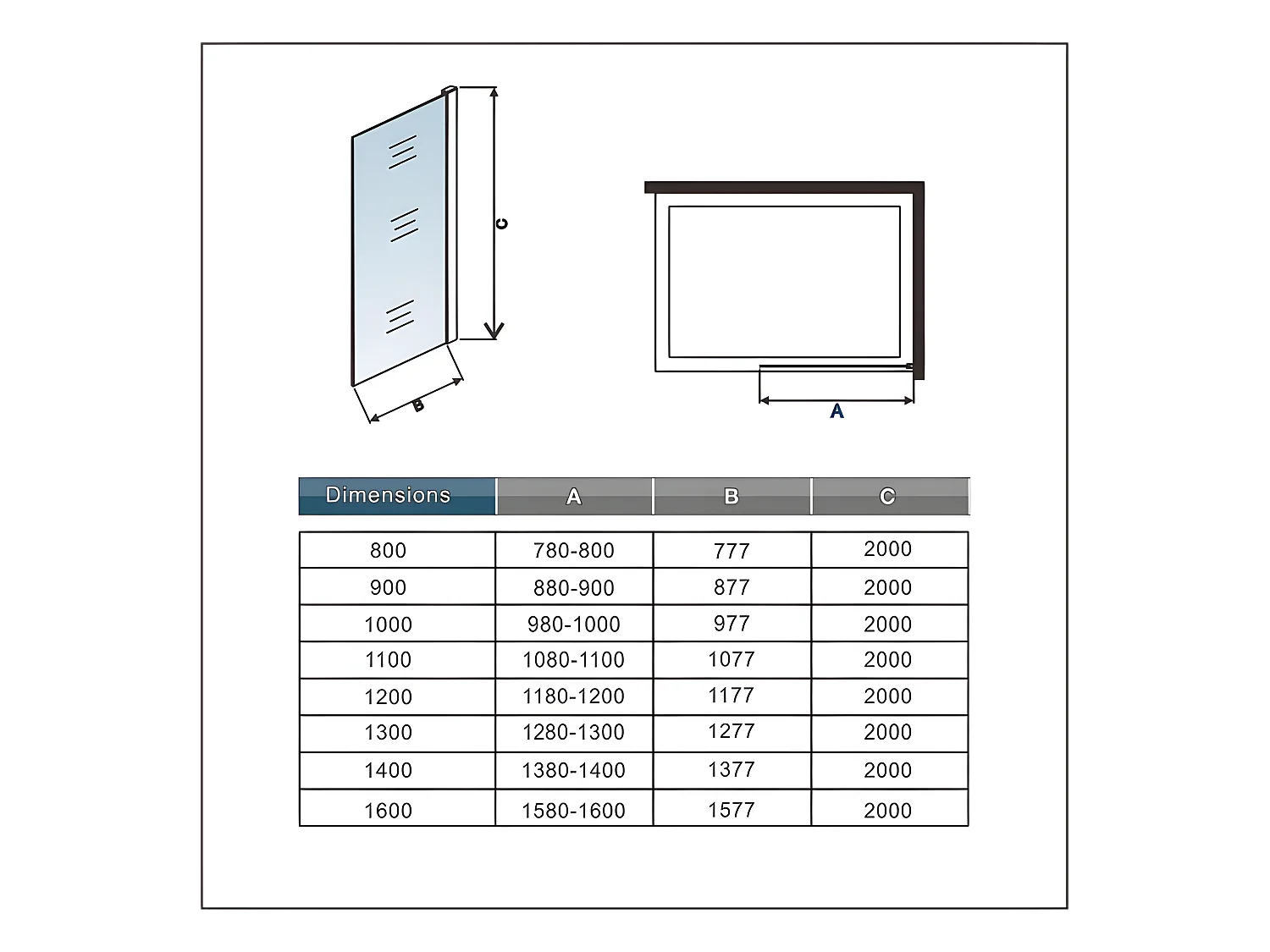 Paroi de douche fixe à l'italienne 80x200cm - 10mm verre trempé anticalcaire - Avec barre de fixation 70-120cm en cylindrique