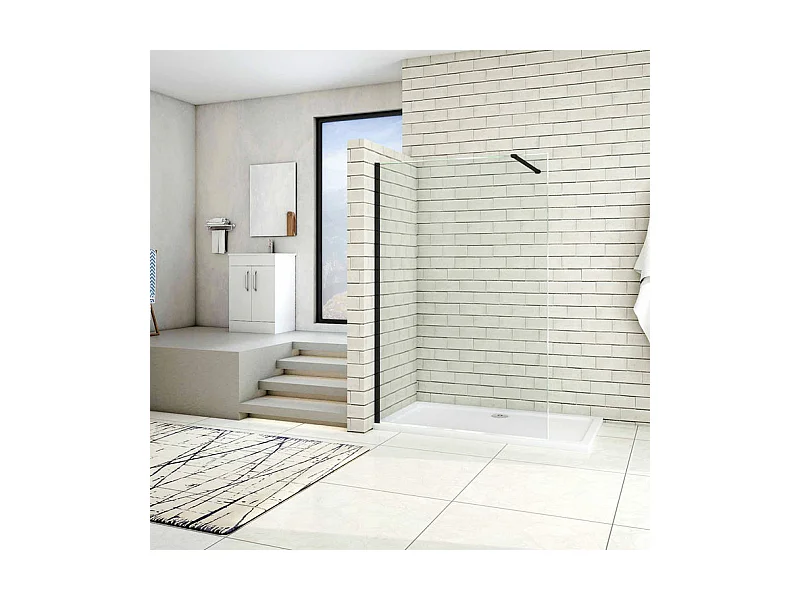 Paroi de douche à l'italienne 100x200cm en verre 8mm securit anticalcaire, avec barre de fixation 90cm recoupable - Noir Mat